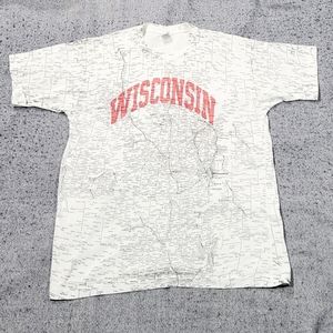 Vintage 90's Allover Print Single Stitch Wisconsin Map Graphic Mens Tee size XL